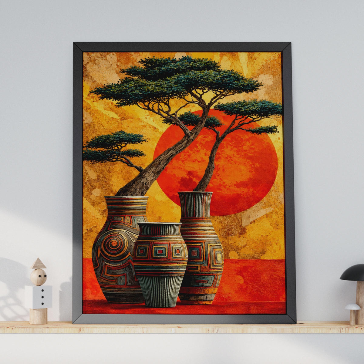 African Sunset Vases Wall Art Print, Tribal Pottery Acacia Tree Poster (Ready to Frame)