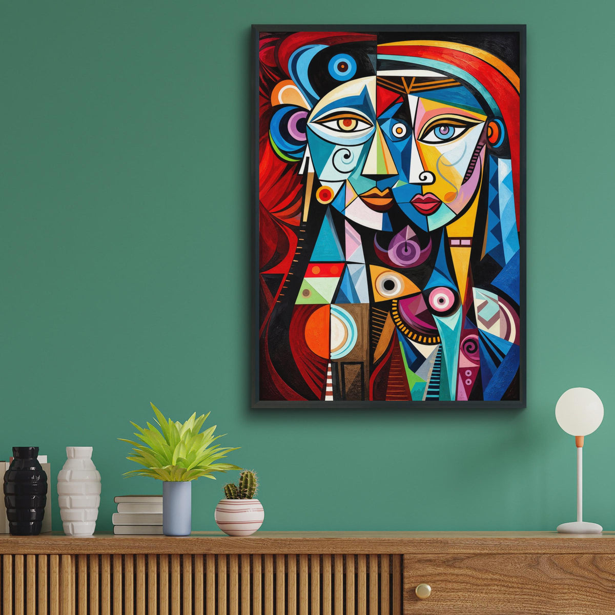 Cubist Two Faces Wall Art Print, Bold Geometric Portrait, Picasso Style (Ready to Frame)