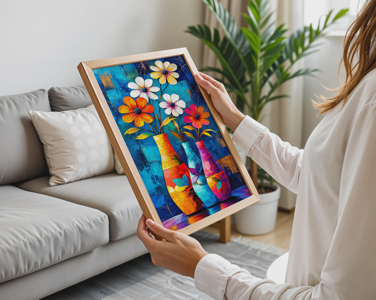 Bold Floral Vase Poster, Impasto Flower Still Life, Blue Orange Botanical Art (A4 Print)