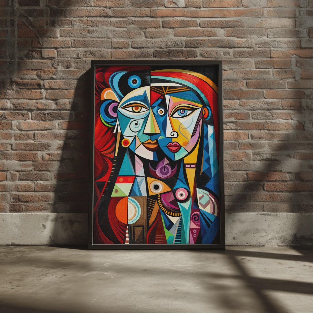 Cubist Two Faces Wall Art Print, Bold Geometric Portrait, Picasso Style (Ready to Frame)