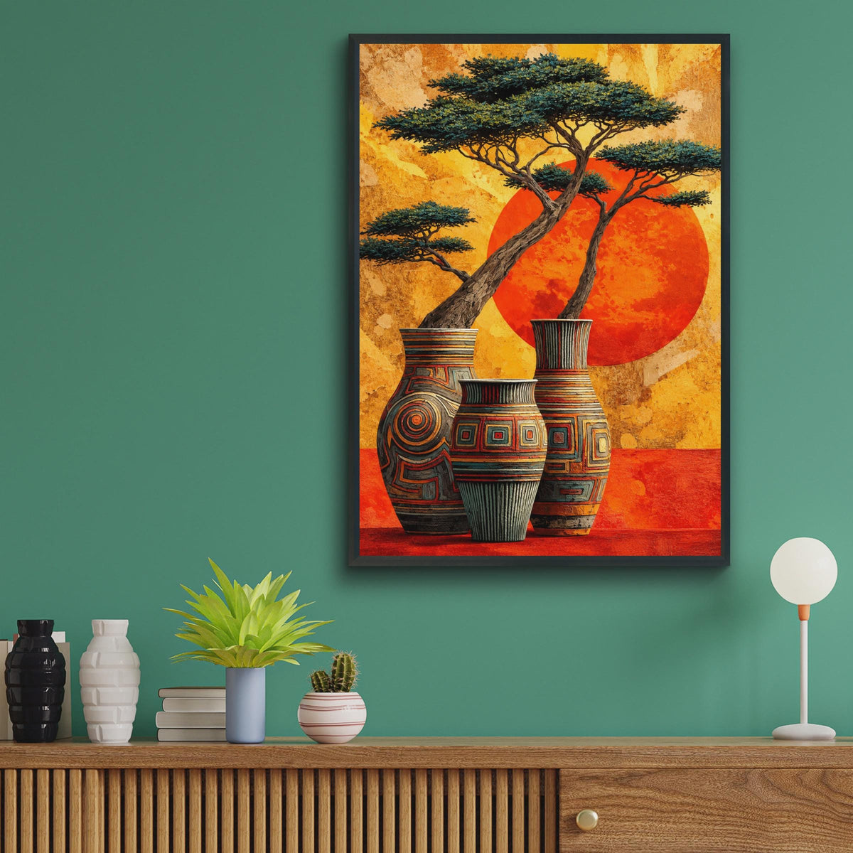 African Sunset Vases Wall Art Print, Tribal Pottery Acacia Tree Poster (Ready to Frame)