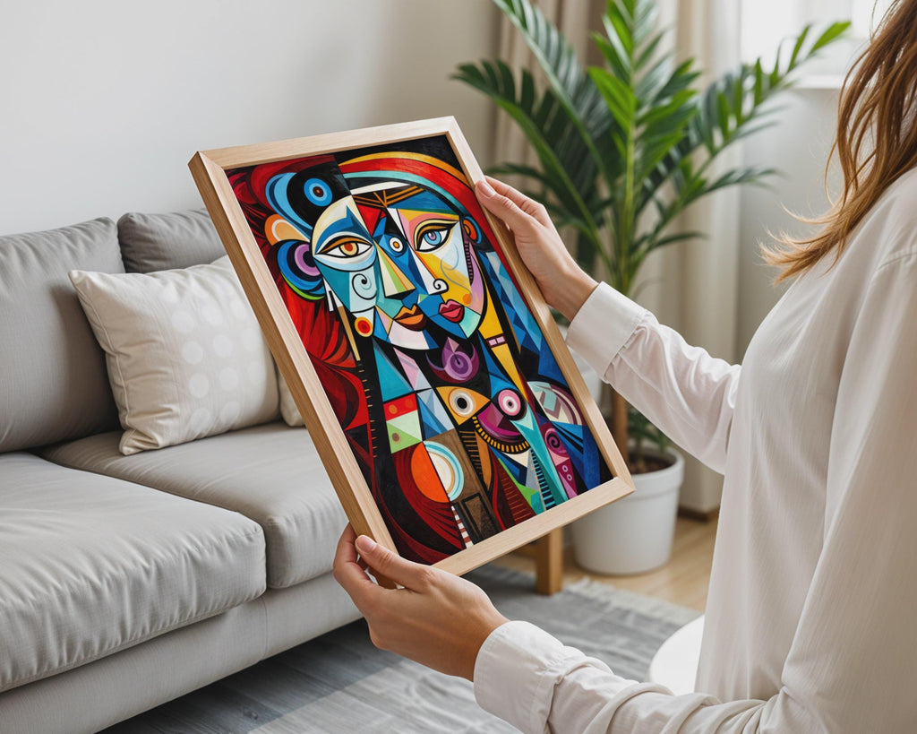 Cubist Two Faces Wall Art Print, Bold Geometric Portrait, Picasso Style (Ready to Frame)