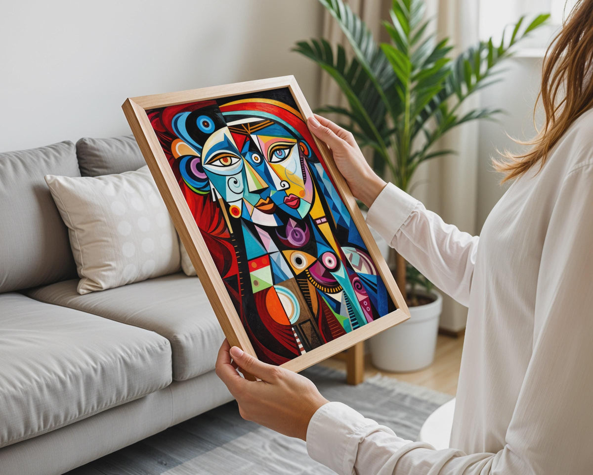 Cubist Two Faces Wall Art Print, Bold Geometric Portrait, Picasso Style (Ready to Frame)