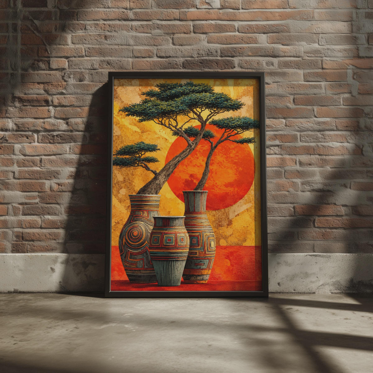 African Sunset Vases Wall Art Print, Tribal Pottery Acacia Tree Poster (Ready to Frame)