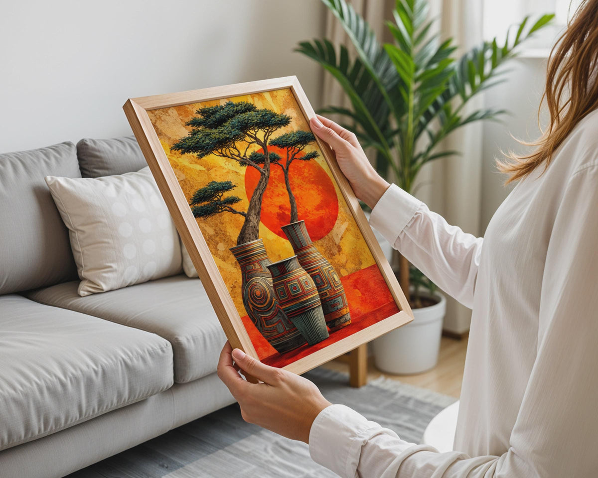 African Sunset Vases Wall Art Print, Tribal Pottery Acacia Tree Poster (Ready to Frame)