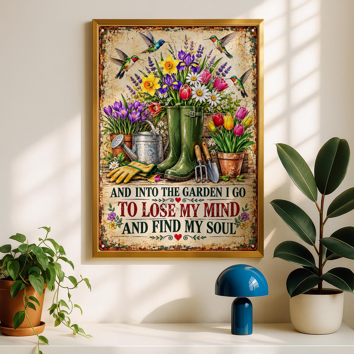 Garden Quote Floral Vintage Print, Hummingbird Botanical Wall Art, Gardener Gift Poster