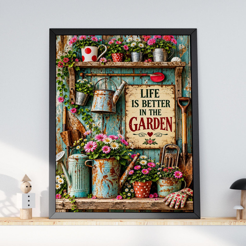 Life Is Better In The Garden Poster, Vintage Rustic Floral Wall Art, Gardening Gift Print