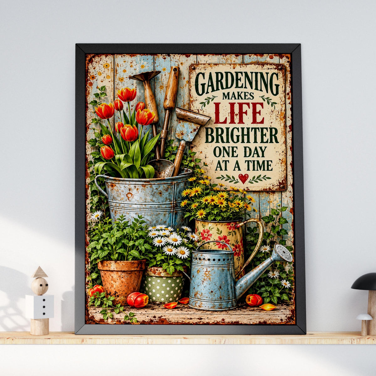 Gardening Makes Life Brighter Quote Print, Vintage Floral Poster, Garden Wall Art Gift