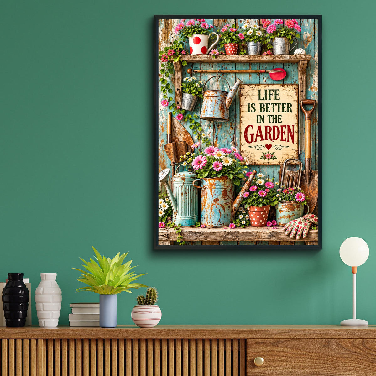 Life Is Better In The Garden Poster, Vintage Rustic Floral Wall Art, Gardening Gift Print