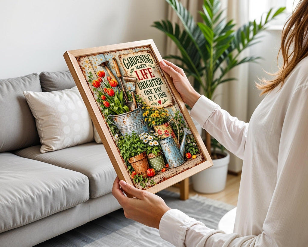 Gardening Makes Life Brighter Quote Print, Vintage Floral Poster, Garden Wall Art Gift
