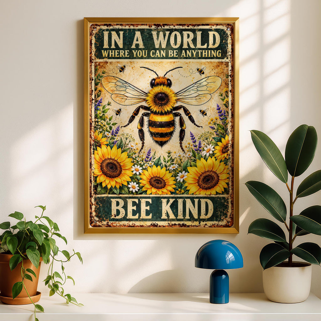 Bee Kind Quote Print, Vintage Bumble Bee Sunflower Poster, Kindness Wall Art Gift