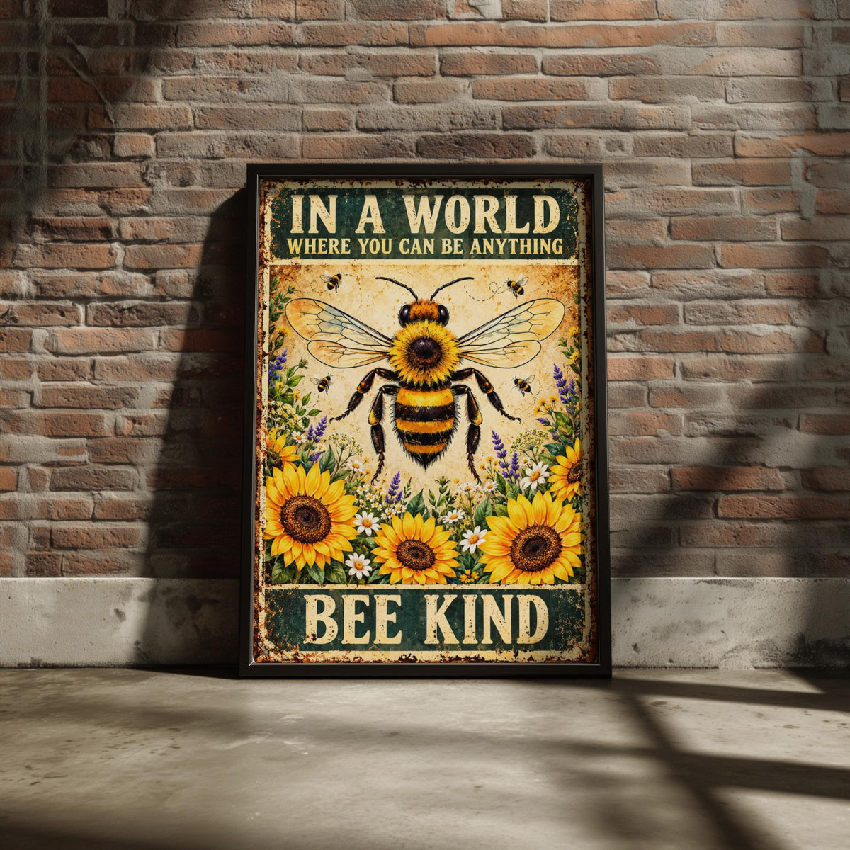 Bee Kind Quote Print, Vintage Bumble Bee Sunflower Poster, Kindness Wall Art Gift