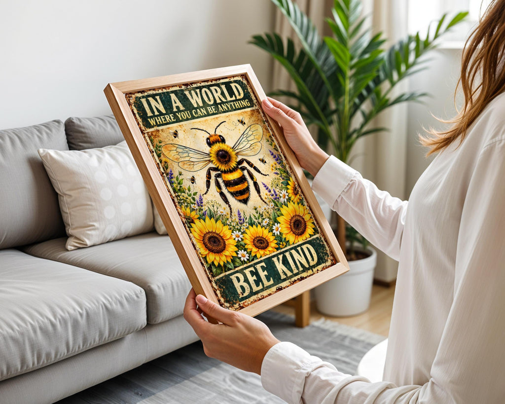 Bee Kind Quote Print, Vintage Bumble Bee Sunflower Poster, Kindness Wall Art Gift