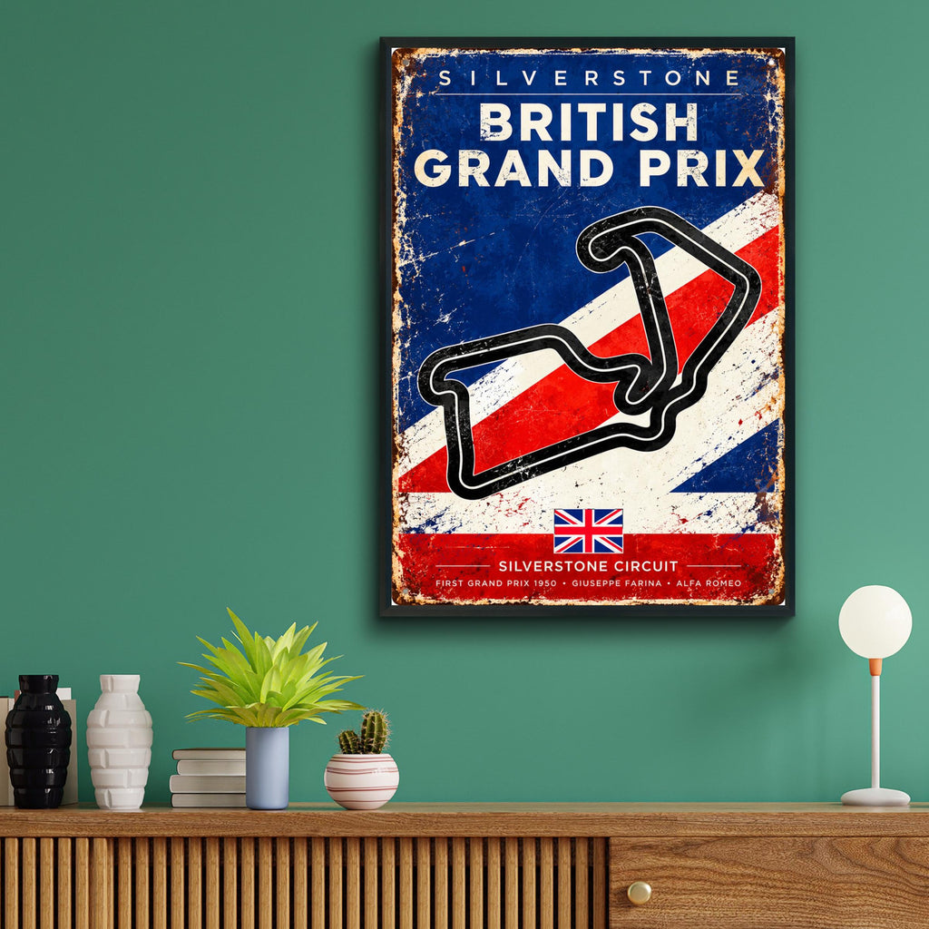 Silverstone British Grand Prix Vintage Poster, F1 Circuit Map Wall Art Print