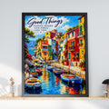Mediterranean Harbour Quote Print, Colourful Coastal Village Wall Art Poster, Boats Italy