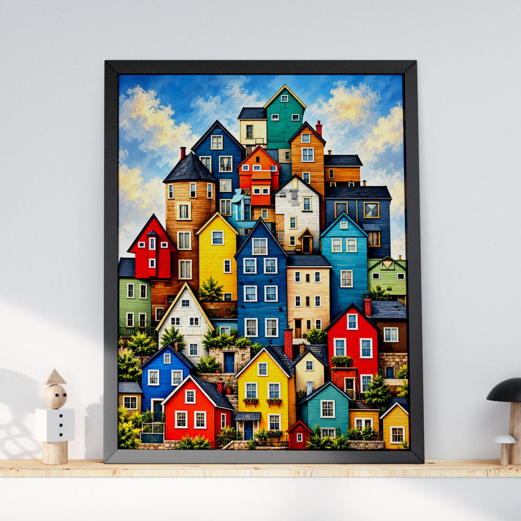 Colourful Hillside Houses Art Print, Bright Village Wall Art, Whimsical Home Poster, Bold Colour