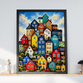 Colourful Hillside Houses Art Print, Bright Village Wall Art, Whimsical Home Poster, Bold Colour