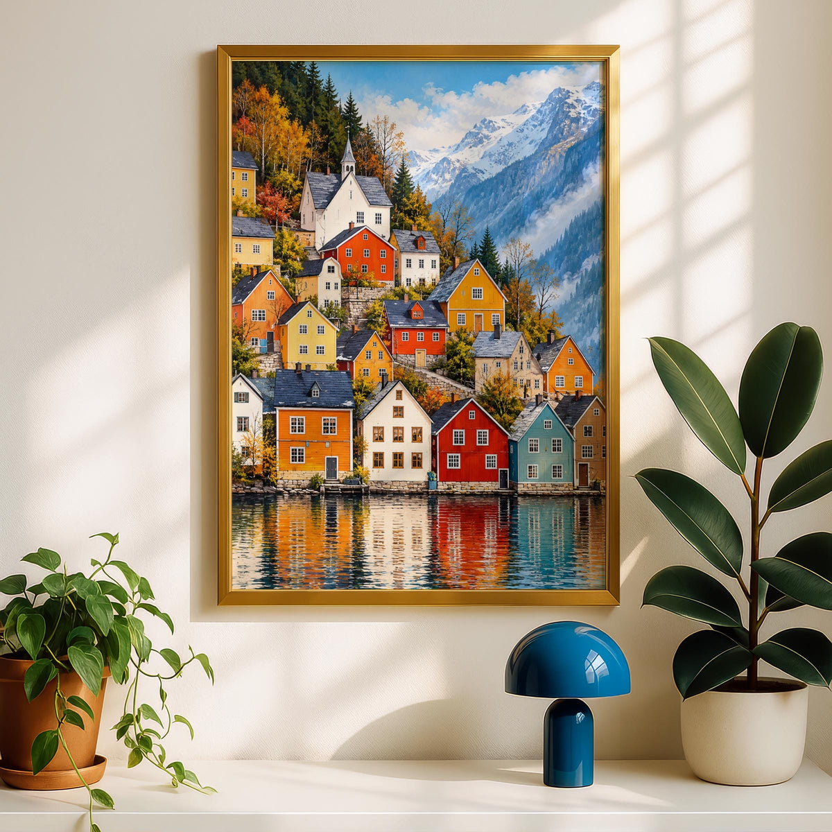 Nordic Lakeside Village Poster, Colourful Scandinavian Houses Wall Art Print