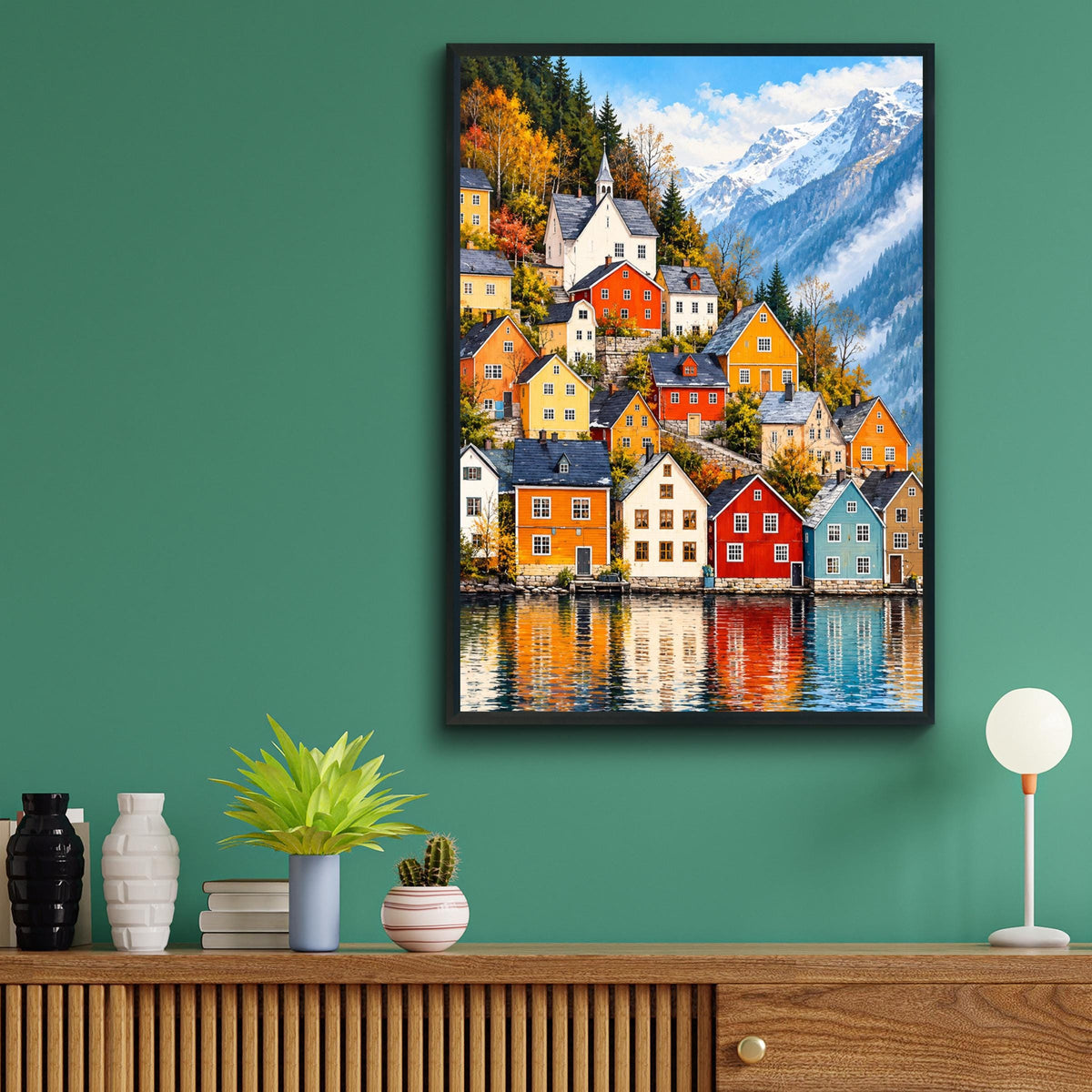 Nordic Lakeside Village Poster, Colourful Scandinavian Houses Wall Art Print