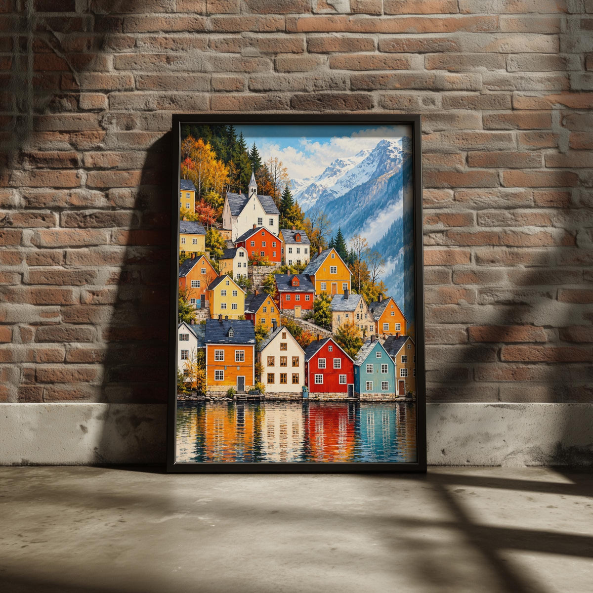 Nordic Lakeside Village Poster, Colourful Scandinavian Houses Wall Art Print