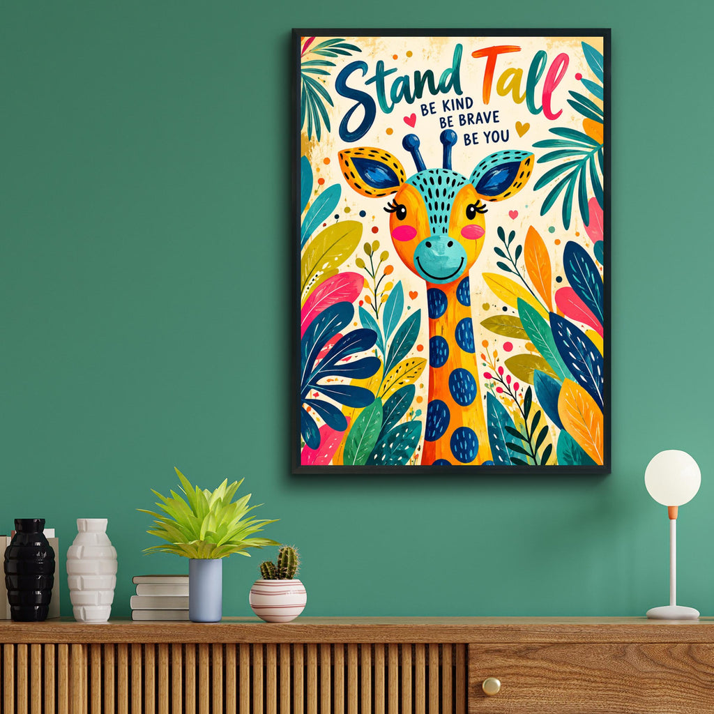 Stand Tall Giraffe Poster, Be Kind Be Brave Nursery Wall Art, Colourful Kids Print