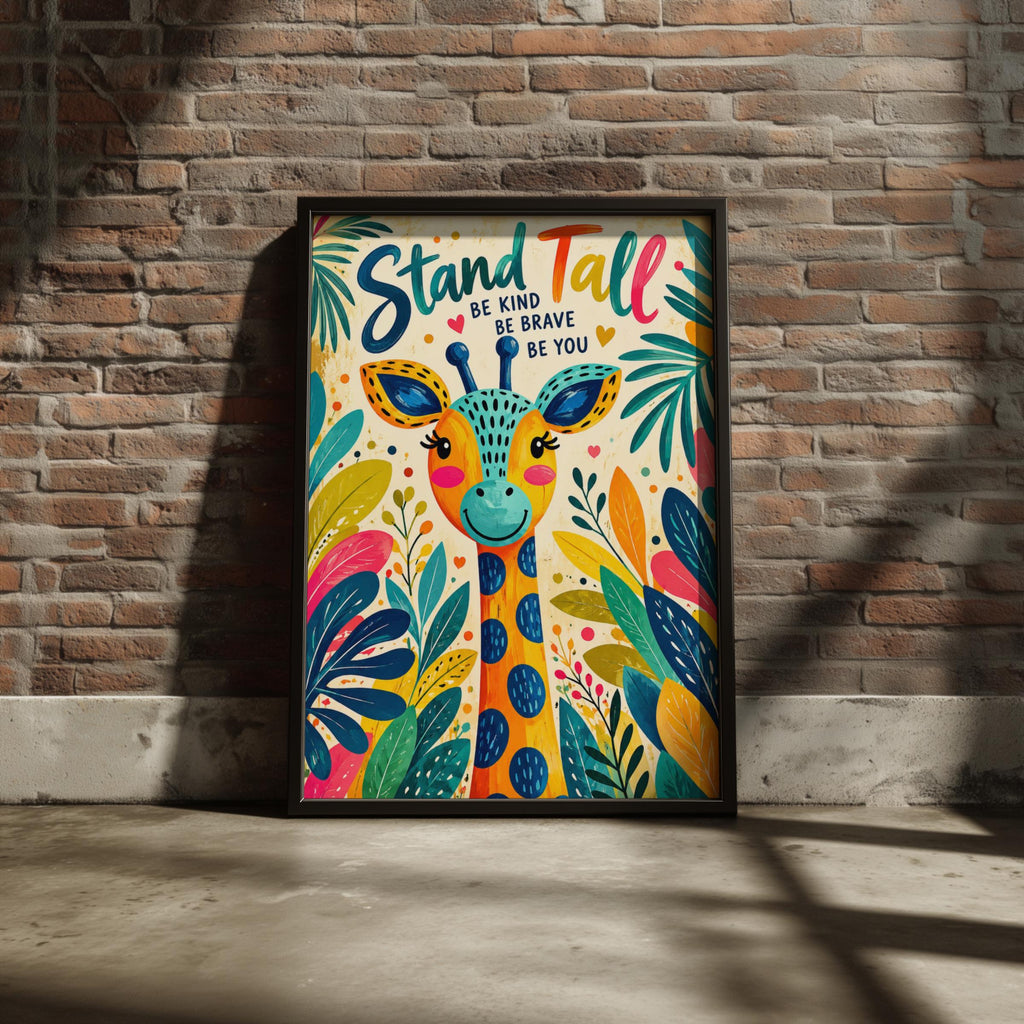 Stand Tall Giraffe Poster, Be Kind Be Brave Nursery Wall Art, Colourful Kids Print