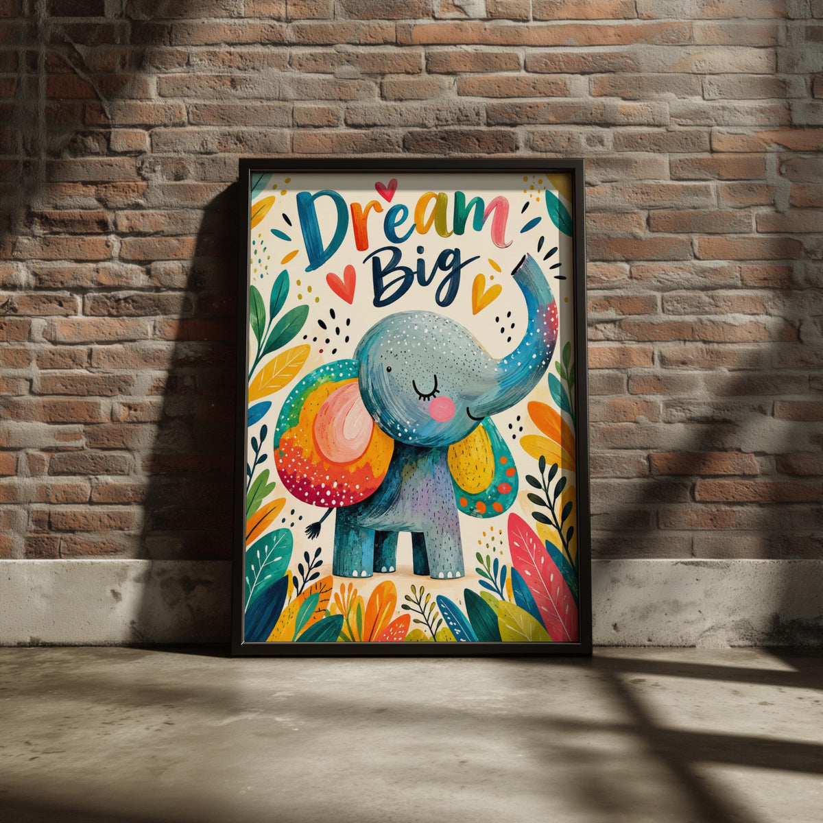 Dream Big Elephant Poster, Colourful Kids Wall Art, Nursery Print, Cute Animal Childrens Room Decor