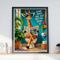 Funny Giraffe Bathroom Poster, Toilet Humour Wall Art, Quirky Animal Print, Teal Loo Decor