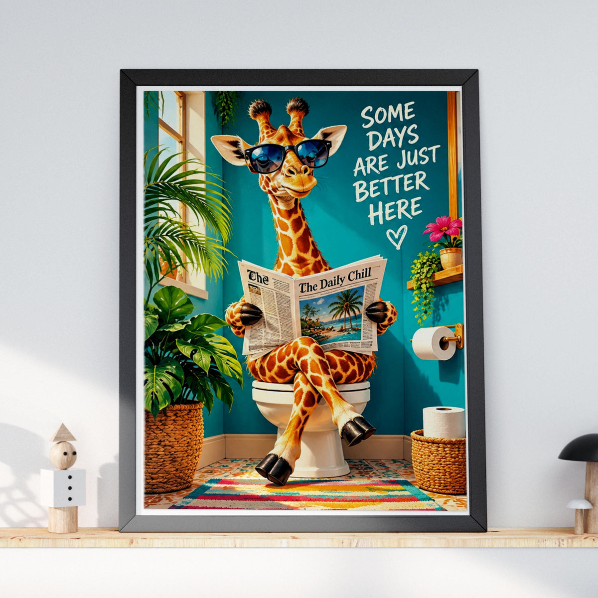 Funny Giraffe Bathroom Poster, Toilet Humour Wall Art, Quirky Animal Print, Teal Loo Decor