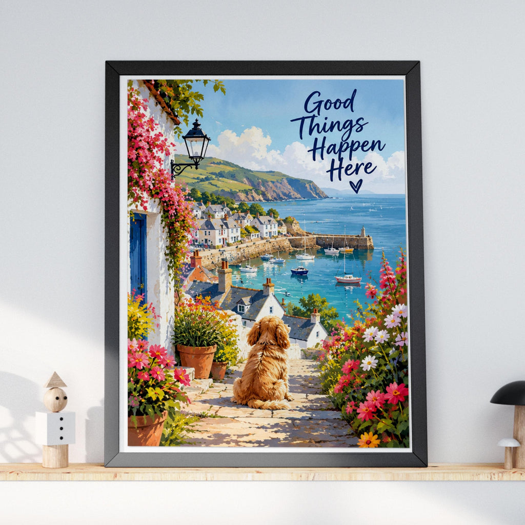 Good Things Happen Here Poster, Coastal Village Dog Print, Cornish Harbour Wall Art, Floral Seaside