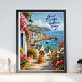 Good Things Happen Here Poster, Coastal Village Dog Print, Cornish Harbour Wall Art, Floral Seaside