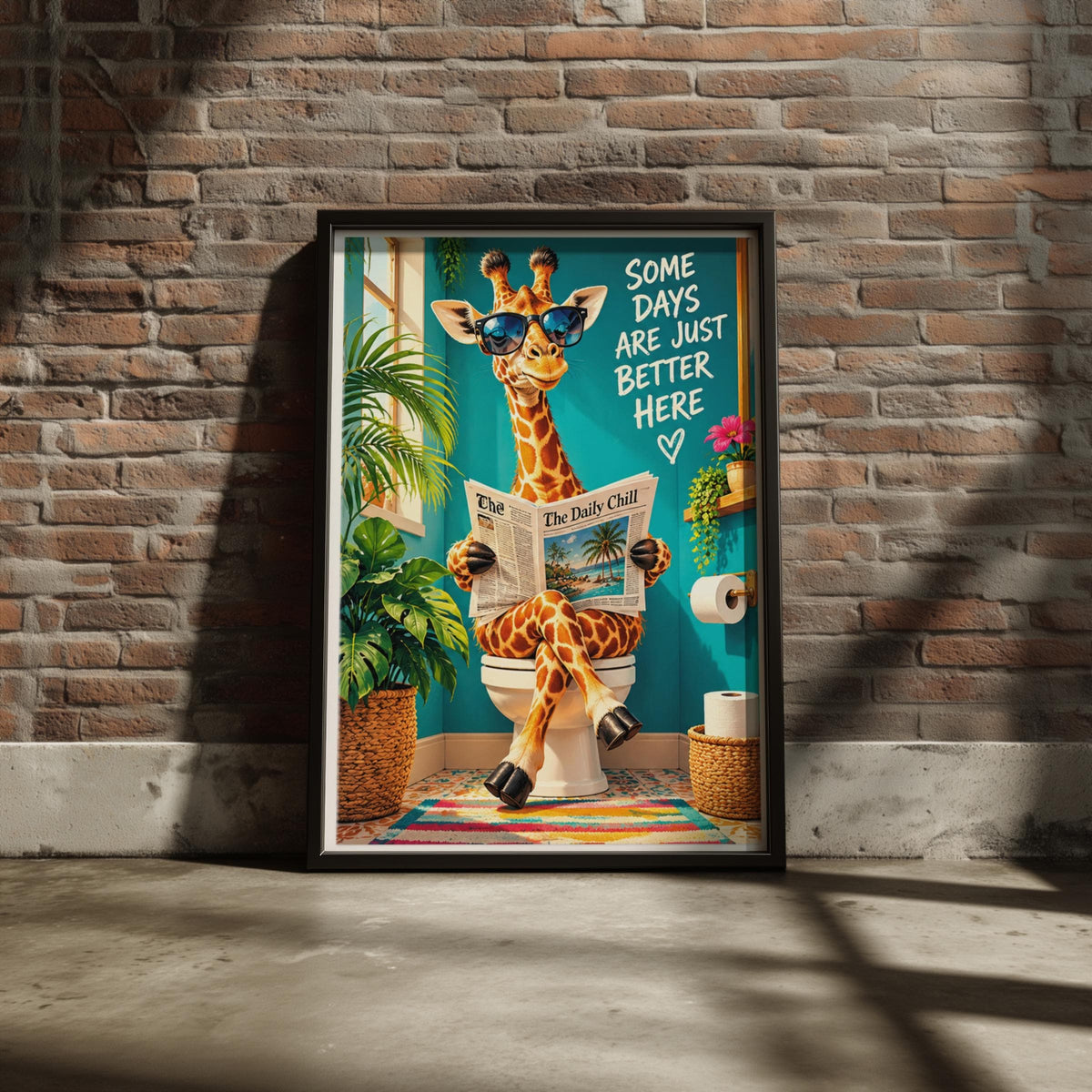 Funny Giraffe Bathroom Poster, Toilet Humour Wall Art, Quirky Animal Print, Teal Loo Decor