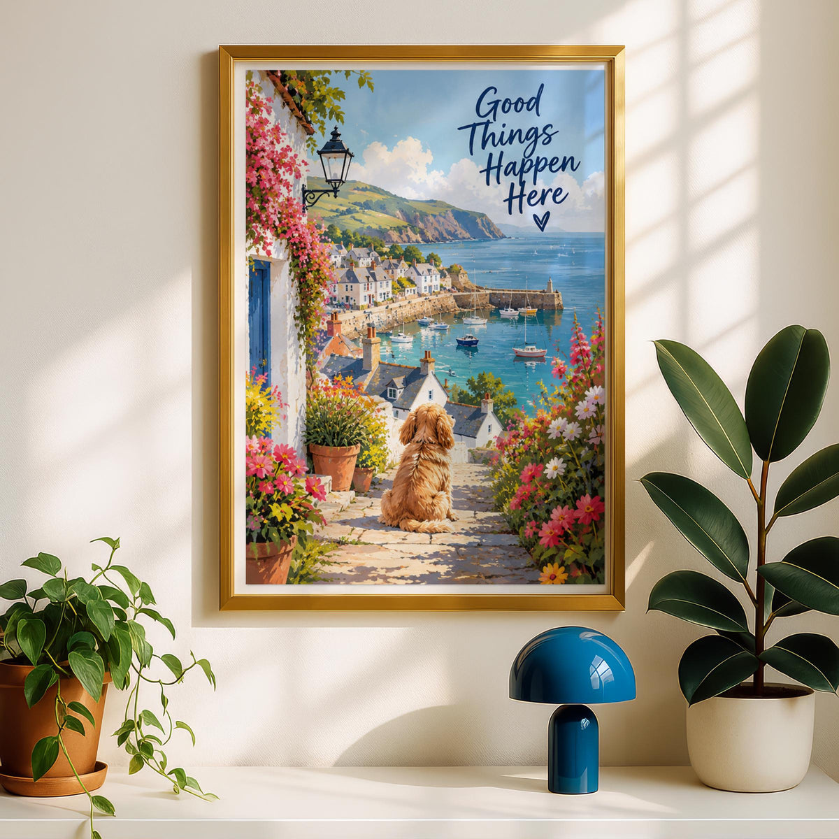 Good Things Happen Here Poster, Coastal Village Dog Print, Cornish Harbour Wall Art, Floral Seaside