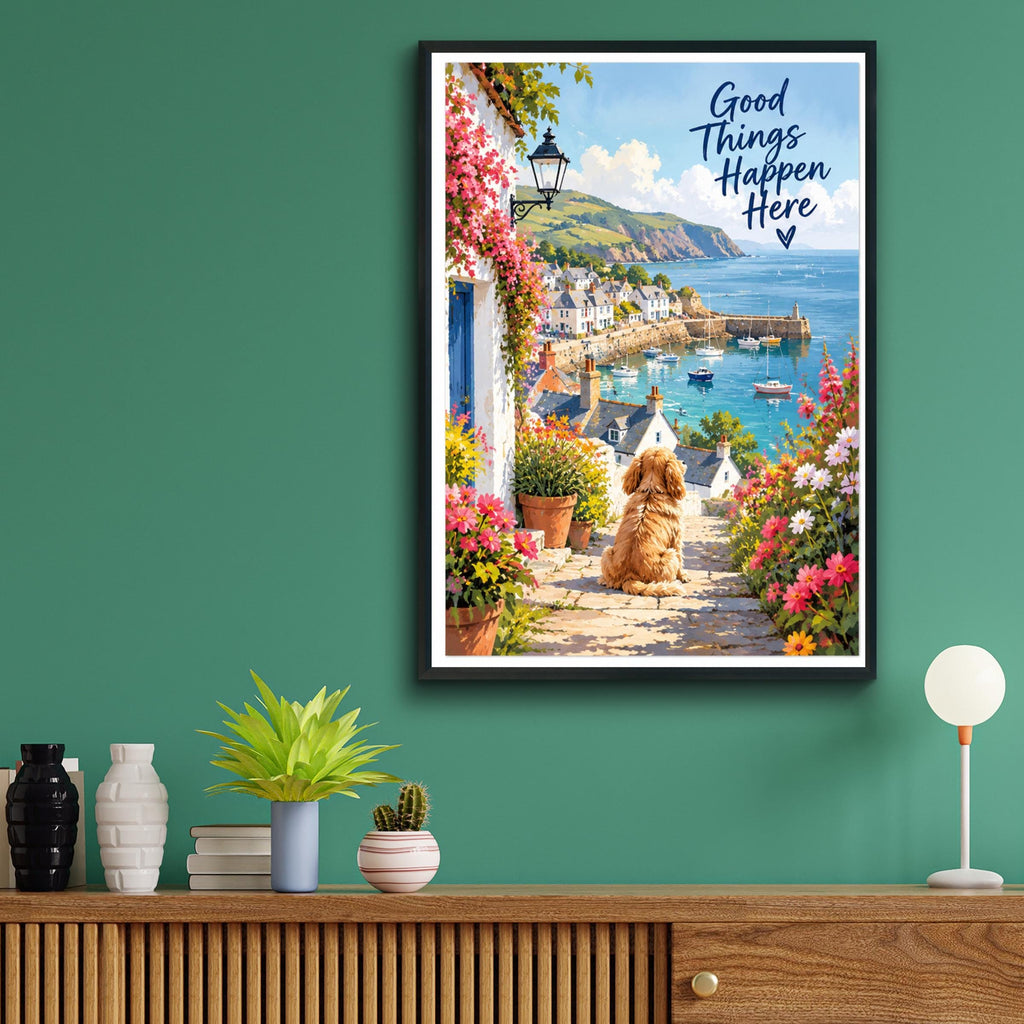 Good Things Happen Here Poster, Coastal Village Dog Print, Cornish Harbour Wall Art, Floral Seaside