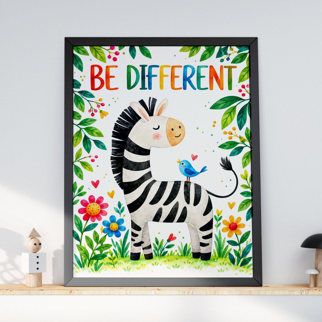 Be Different Zebra Print, Watercolor Nursery Art, Inspirational Kids Quote Poster
