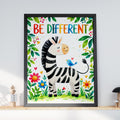 Be Different Zebra Print, Watercolor Nursery Art, Inspirational Kids Quote Poster