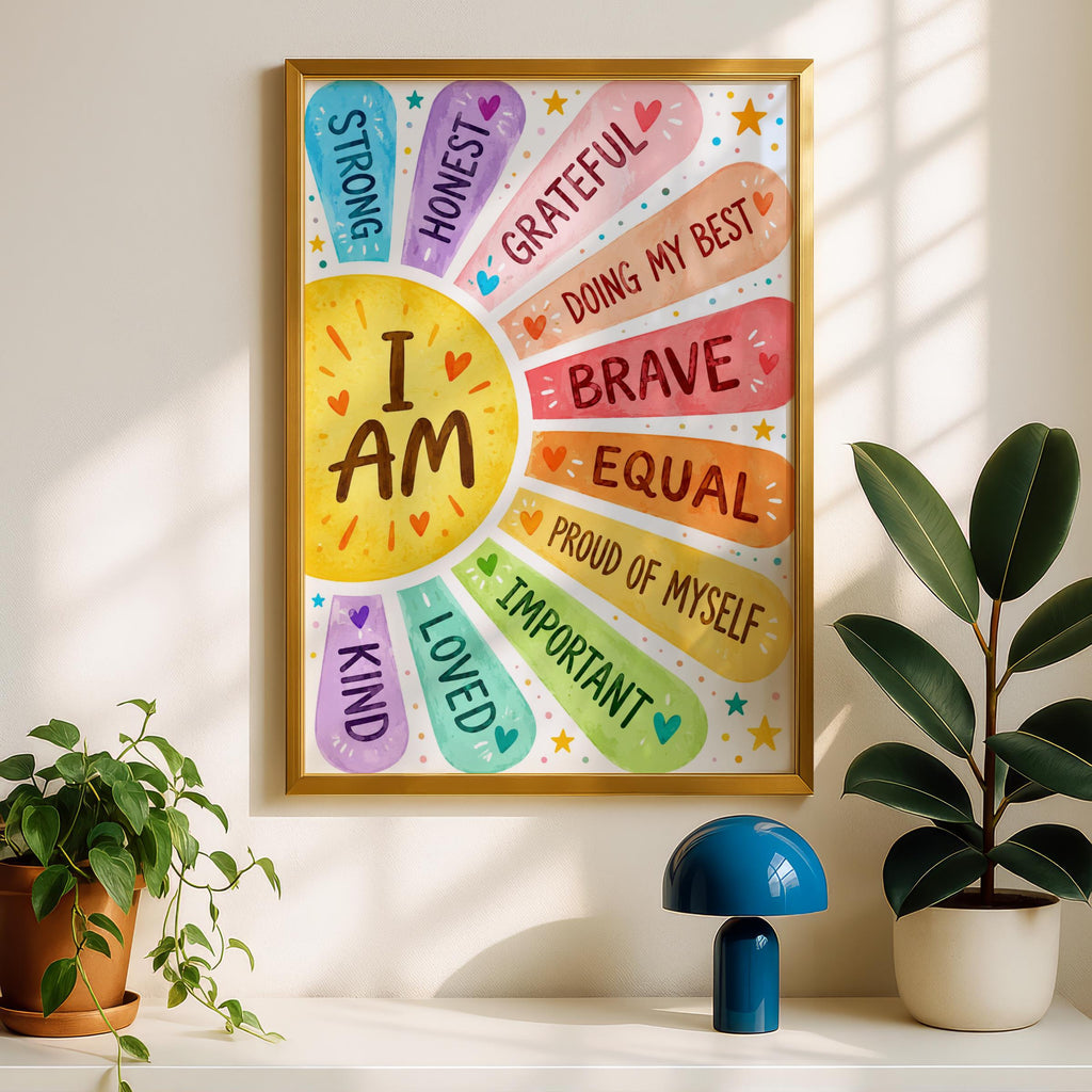 I Am Affirmations Print, Rainbow Sun Wall Art, Kids Bedroom Decor (Watercolor Style)