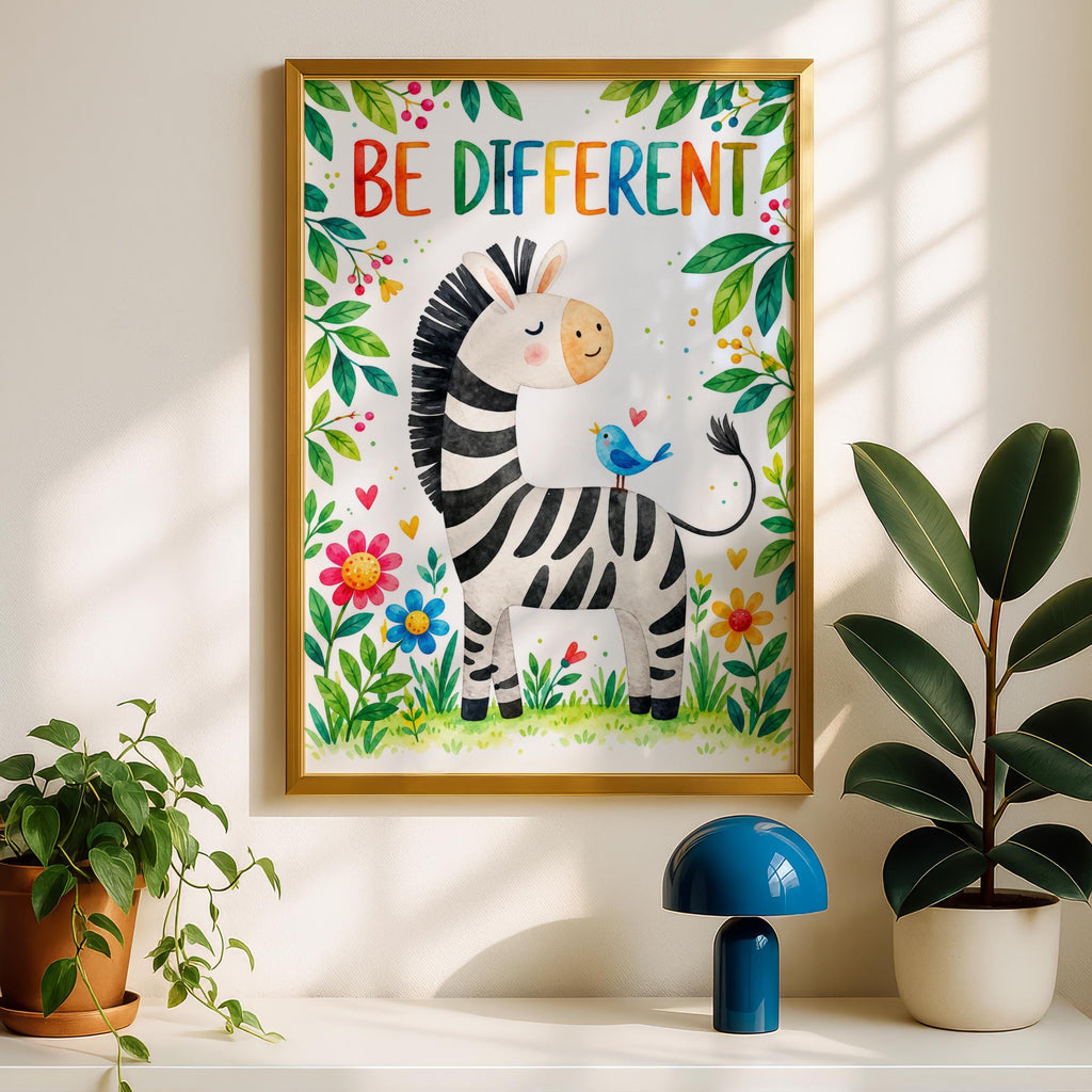 Be Different Zebra Print, Watercolor Nursery Art, Inspirational Kids Quote Poster