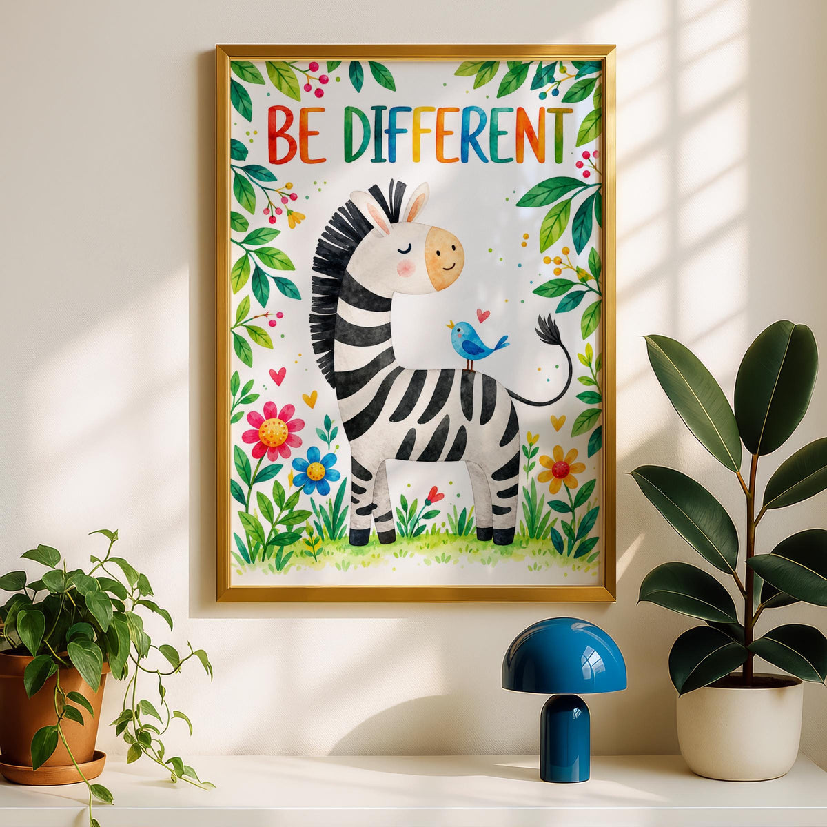 Be Different Zebra Print, Watercolor Nursery Art, Inspirational Kids Quote Poster