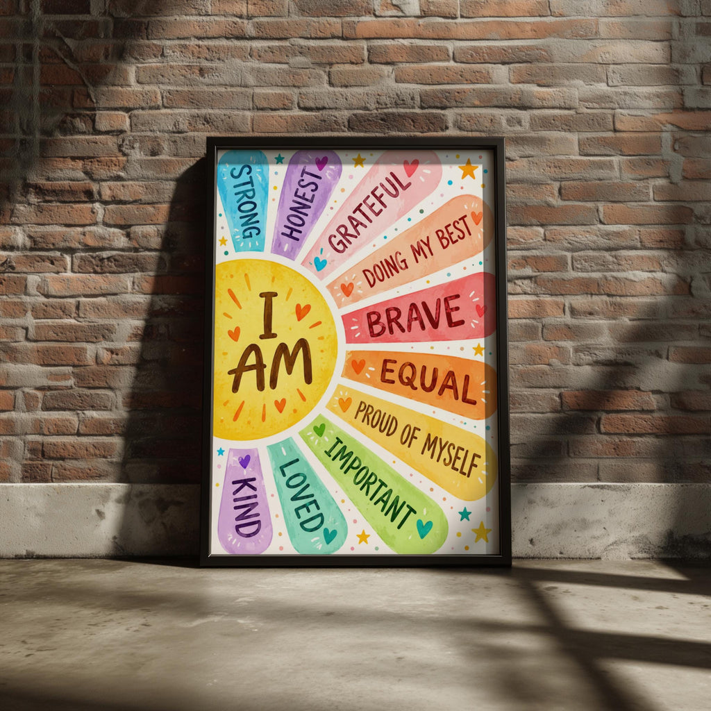 I Am Affirmations Print, Rainbow Sun Wall Art, Kids Bedroom Decor (Watercolor Style)
