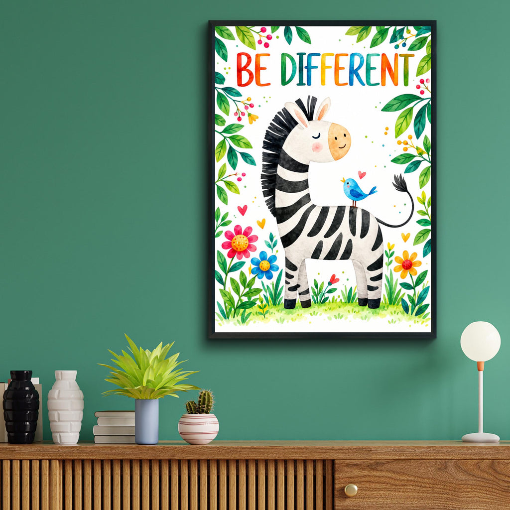 Be Different Zebra Print, Watercolor Nursery Art, Inspirational Kids Quote Poster