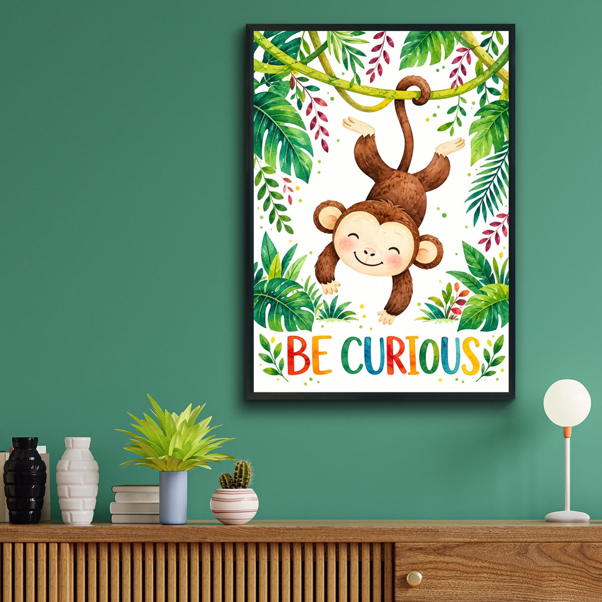 Be Curious Monkey Jungle Wall Art, Watercolour Nursery Print, Tropical Kids Room Decor