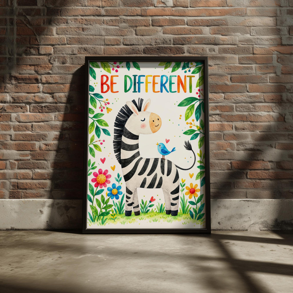 Be Different Zebra Print, Watercolor Nursery Art, Inspirational Kids Quote Poster