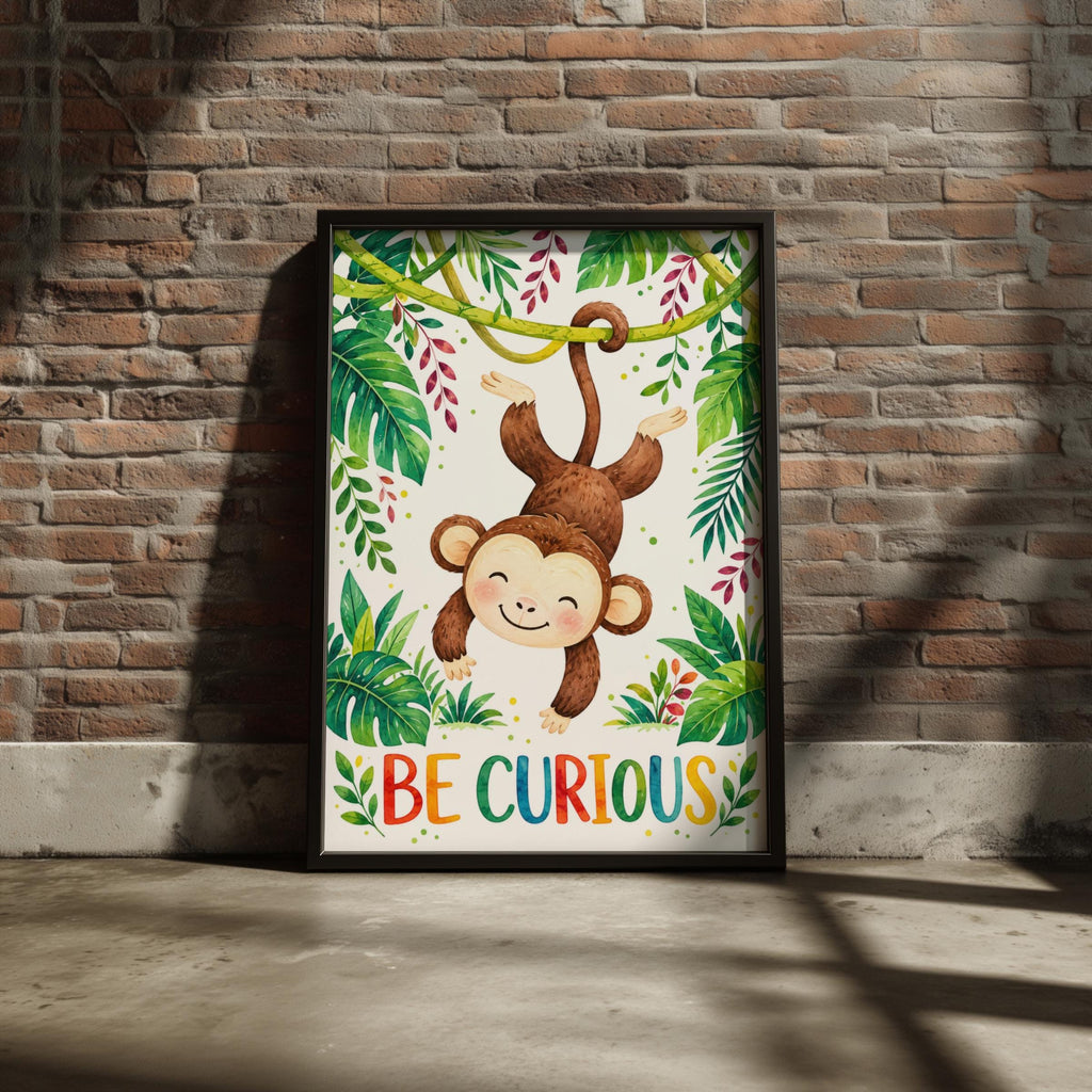 Be Curious Monkey Jungle Wall Art, Watercolour Nursery Print, Tropical Kids Room Decor