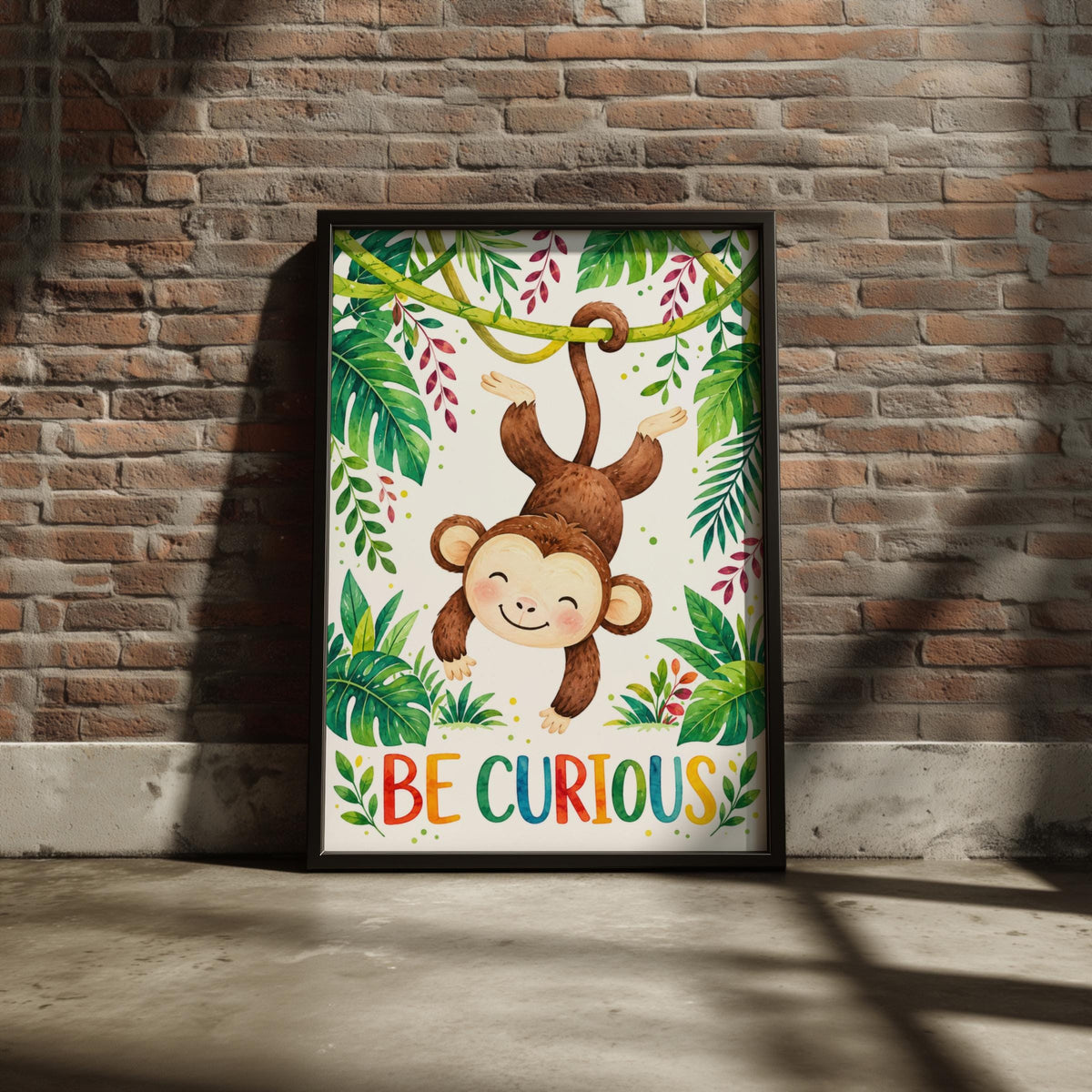 Be Curious Monkey Jungle Wall Art, Watercolour Nursery Print, Tropical Kids Room Decor