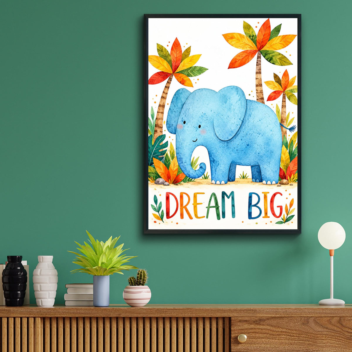 Dream Big Elephant Nursery Print, Watercolour Jungle Animal Wall Art (Digital Download)