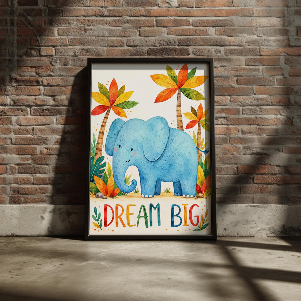 Dream Big Elephant Nursery Print, Watercolour Jungle Animal Wall Art (Digital Download)