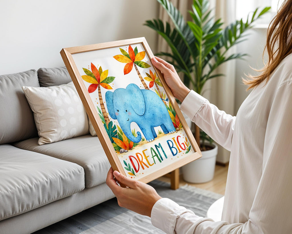 Dream Big Elephant Nursery Print, Watercolour Jungle Animal Wall Art (Digital Download)