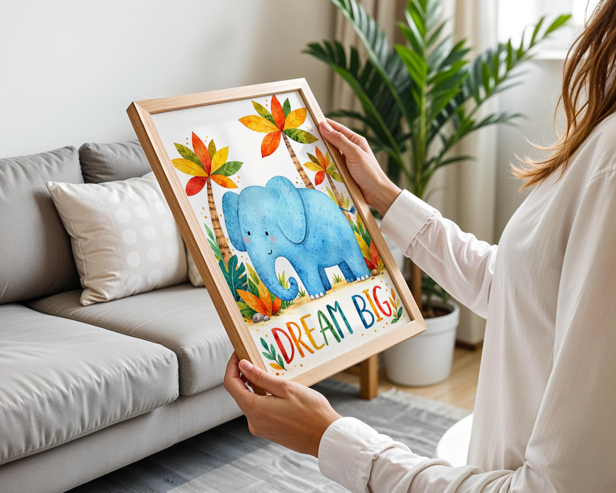 Dream Big Elephant Nursery Print, Watercolour Jungle Animal Wall Art (Digital Download)