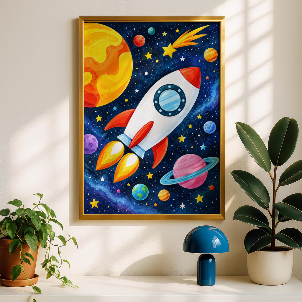 Space Rocket Kids Wall Art, Colorful Galaxy Poster, Planets Stars (Print)